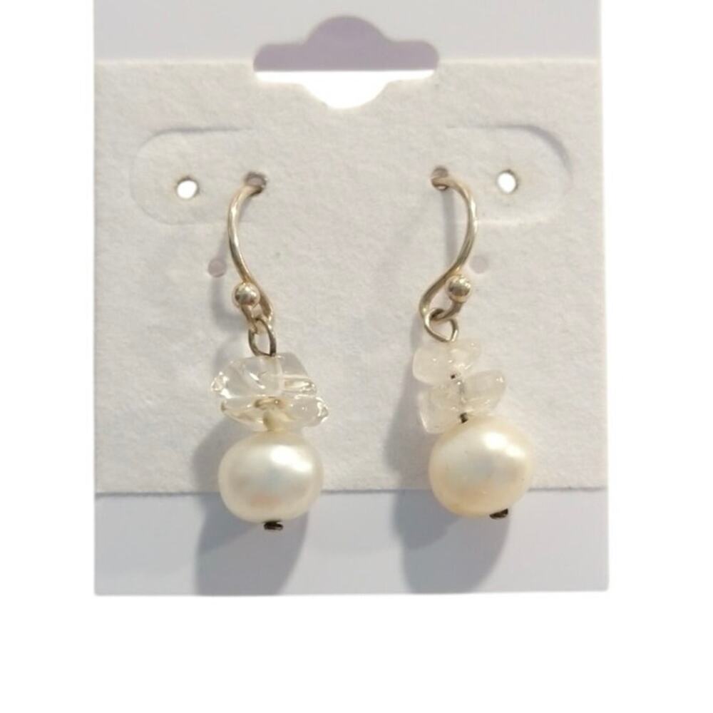 LUC 925 Sterling Silver Dangle Drop Earrings Real Pearl Quartz Hook